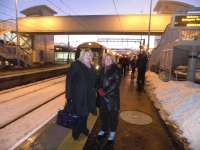 Platform scene at Bathgate on 12 December 2010 with Karen Whitefield MSP and Mary Mulligan MSP awaiting departure of the first train.<br><br>[First ScotRail 12/12/2010]