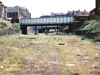 The approach to Princes Street station and Lothian Road goods yard in 1970 with Grove Street road bridge in the foreground. The route to Princes Street station was to the left, while the slightly higher level route to the right served the original Lothian Road station, later the goods depot.<br><br>[John Furnevel 26/05/1970]