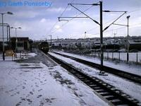 Looking east at Airdrie. Terminal platform and siding to right and out of sight through platform to left.<br><br>[Garth Ponsonby //]