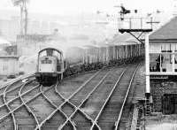 A freight from the Forth Bridge direction is about to pass Saughton Junction signal box in 1971 as it crosses onto the Glasgow - Edinburgh line to reach the sub at Haymarket West Junction.<br><br>[John Furnevel 11/11/1971]