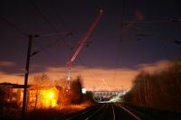 Scene at Blanchland Avenue, Durham, in the early hours of Sunday 28 March 2010, as the world's most powerful mobile crane lifts the new footbridge into position over the East Coast Main Line. <br><br>[Network Rail 28/03/2010]