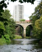 Looking west along the Kelvin in August 2006 at the adjacent Glasgow Central Railway (nearest) and Lanarkshire and Dumbartonshire Railway viaducts.<br><br>[John Furnevel 02/08/2006]