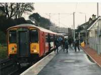 Mid afternoon call at West Kilbride for this Largs train. Note the secondary pupils<br><br>[Brian Forbes //1993]