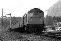 27033 takes the 0845 hrs ex Edinburgh service north out of Aviemore on 16 June 1974.<br><br>[John McIntyre 16/06/1974]