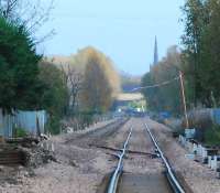 Looking east at the new Cambus loop with Alloa as the backdrop. This is the extent of the tracklaying east from Stirling.<br><br>[Ewan Crawford 12/11/2006]