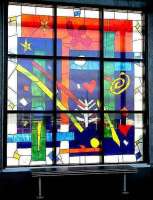 This stunning stained glass window, created by Japanese artist Yoshiro Oyama, now brightens the waiting area at Edinburgh Park station - see recent News Items.<br><br>[John Furnevel 23/11/2006]