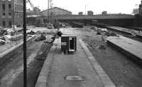 Aberdeen August 1973. Looking south over the remains of the north bays towards Guild Street Bridge as the first site hut appears and construction preparations get underway.<br><br>[John McIntyre /08/1973]