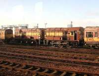 Pair of EWS shunters sidelined at Motherwell MPD. Seen from a passing train in January 2007.<br><br>[John Furnevel 05/01/2007]