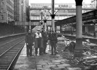 Suitably attired and equipped team of demolition specialists involved with the removal of the platform canopies at the north end of Aberdeen station in February 1973.<br><br>[John McIntyre /02/1973]