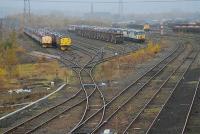 Looking west along the Wakefield - Mirfield line at the up staging sidings at Healey Mills Marshalling Yard. The sidings are now mainly used for locomotive storage.<br><br>[Ewan Crawford 21/11/2006]
