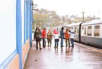 Tom Weir of <I>Weirs Way</I> with a camera crew at Oban Station in August 1984.<br><br>[John Gray 02/08/1984]