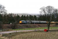 Measurement train led by 37605 with 37611 at the rear heads south at Lamington on 31 January.<br><br>[John Furnevel 31/01/2007]