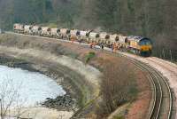 Ballast train with 66191 (front) and 66223 between Aberdour and Burntisland on Sunday 4 Jan. Lammerlaws road bridge in Burntisland was replaced on the same day. <br><br>[Bill Roberton 4/01/2007]