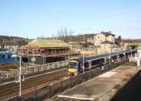 A Dundee - Edinburgh train calls at Markinch on 6 February 2007, with work on the new interchange in full swing.<br><br>[John Furnevel 06/02/2007]