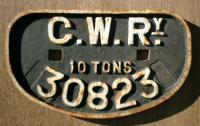 <b>GWR 10T</b> wagon plate no. 30823.<br><br>[Alistair MacKenzie 01/02/1980]