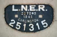 <B>LNER 20T</B> Wagon plate from 1942 Darlington wagon no. 251315.<br><br>[Alistair MacKenzie 08/02/1980]