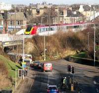 A Westbound Virgin Voyager about to cross the bridge over Slateford Road, Edinburgh in January 2007 heading for Carstairs and the WCML. <br><br>[John Furnevel /01/2007]