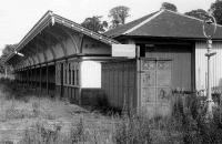 Melrose 1975. Station building on the down platform - almost overshadowed by the magnificent <I>Gents</I> (now located at Bewdley station on the Severn Valley Railway).<br><br>[Bill Roberton //1975]