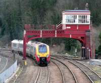 A diverted Voyager eastbound past Hexham signal box on 26 February 2007. The diversions were necessary following the WCML Pendolino derailment at Grayrigg.  <br><br>[John Furnevel 26/02/2007]