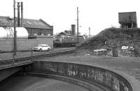 Looking across the turntable at Ferryhill MPD, 03 June 1973, with the coaling stage road up on the right.<br><br>[John McIntyre 03/06/1973]