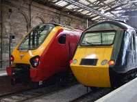 A meeting of generations - a GNER HST and Virgin Voyager both about to head south.<br><br>[Adrian Coward 08/04/2007]