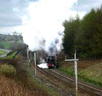 6233 <i>Duchess of Sutherland</i> restarting from the Grayrigg down loop with <I>The Great Britain</I> on 9 April.<br><br>[John McIntyre 9/04/2007]