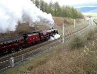 6233 <i>Duchess of Sutherland</i> north of Grayrigg on 9 April with <I>The Great Britain</I> railtour heading for Glasgow.<br><br>[John McIntyre 9/04/2007]