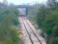 Diversion via Stirling weekend 14 - 15 April meant the line through Bridge of Earn was being occupied by Permanent Way staff to replace worn sleepers between Perth Road and the M90.<br><br>[Brian Forbes 15/04/2007]