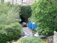 View north from the top of Scotland Street tunnel over the station site on 25 April 2007 showing work currently underway on the reopening of Rodney Street tunnel as part of an extended cycle path/walkway under Rodney Street and Broughton Road.<br><br>[John Furnevel /04/2007]