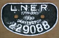 <B>LNER 17T</B> Darlington wagon plate 229088 1938, from wagon at Arnott Young breakers, re-painted.<br><br>[Alistair MacKenzie 01/02/1980]