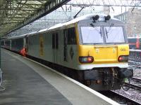 Collecting the Glasgow Central portion of the empty Caledonian Sleeper - locomotive 92002 <I>H G Wells</I> <br><br>[Graham Morgan 19/05/2007]