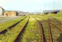 Last tracks in the Methil Docks about time of closure. This yard sat between docks 2 and 3. View looks to Kirkland. The (then) recently lifted line between Methil and Kirkland is off to the left beyond the buildings.<br><br>[Ewan Crawford /11/1989]
