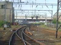 Bridge Street Junction, taken from a passing train, looking towards the Glasgow central signalling centre and the former Salkeld Street parcel depot<br><br>[Graham Morgan 28/05/2007]