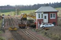 Placing a trolley on the track at Inverkeilor.<br><br>[Duncan Ross 02/03/2007]