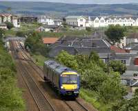 A Fife Circle line train leaves Cowdenbeath on 28 June. <br><br>[Bill Roberton 28/06/2007]