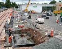Busy platform scene at Alloa on 29 June. Note road markings have now appeared.<br><br>[John Furnevel 29/06/2007]