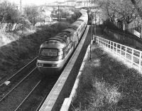 Diverted HST passes Meadowbank Stadium in 1987 during electrification work on the ECML.<br><br>[Bill Roberton //1987]