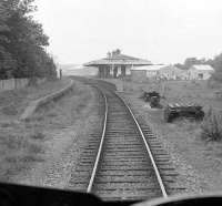 Drivers view approaching Ellon in June 1974 - the trackbed and platform that once served the Boddam branch can be seen on the right.<br><br>[John McIntyre 01/06/1974]