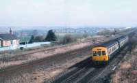A class 101 DMU going up the branch to the Upper box at Greenhill. The former station house to the left.<br><br>[Brian Forbes /03/1989]
