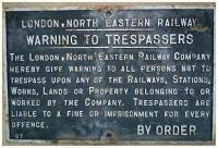 <b>NO TRESPASS </b> sign located on south side of track at Yoker opposite Lady Anne Street. <B>NB</B> - LNER sign though this was named as an LMSR line. It seems to have been an LMSR-LNER joint branch accessing the docks area.<br><br>[Alistair MacKenzie 08/02/1980]