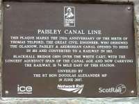 Plaque unveiled at Paisley Canal station as part of the Thomas Telford 250th anniversary celebrations on 29 June.<br><br>[Peter Ramsay 29/06/2007]