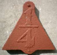 <B>1/4 MP sign </B>Triangular metal plate with bolt projections top and bottom and low relief numerals 1/4 of black figures on white. Found on timber post lying at foot of embankment of GD&H line at jct with Castlegreen sidings.<br><br>[Alistair MacKenzie 06/03/1980]