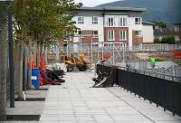 Tree-lined pedestrian access to Alloa station on 10 July with the framework for the new station building straight ahead.<br><br>[John Furnevel 10/07/2007]