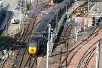 A southbound HST leaves Waverley platform 7 on 15 July 2007, passing the locomotive bays where work continues, although the 2 previously trapped sleeper locomotives have now been released. [See image 15750]<br><br>[John Furnevel 15/07/2007]