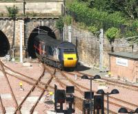 Looking west from Waverley Bridge on Sunday 15 July 2007 as a GNER HST, appropriately sporting the name <I>National Galleries of Scotland</I>, leaves platform 19 and disappears under its namesake on its way to Aberdeen.<br><br>[John Furnevel 15/07/2007]