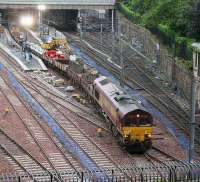 A pair of class 66s preparing to take a works train out of platform 13 early on the morning of 20 July 2007.<br><br>[John Furnevel 20/07/2007]