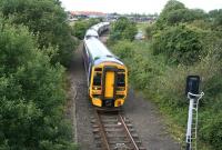 Eastbound 158 about to pass the signal protecting Inverkeithing East Junction on 24 July 2007.<br><br>[John Furnevel 24/07/2007]