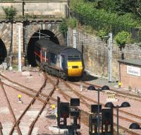 A GNER Aberdeen bound HST leaving Waverley on 15 July enters The Mound north tunnel.<br><br>[John Furnevel 15/07/2007]