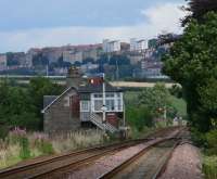 View east from Templehall to Longforgan crossing and station house.<BR/>The western outskirts of Dundee are seen behind the subject.<br><br>[Brian Forbes 02/08/2007]