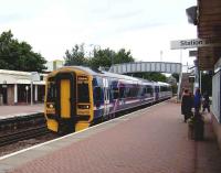 Dunblane - Edinburgh train stops at Grahamston on 21 July.<br><br>[David Panton 21/07/2007]